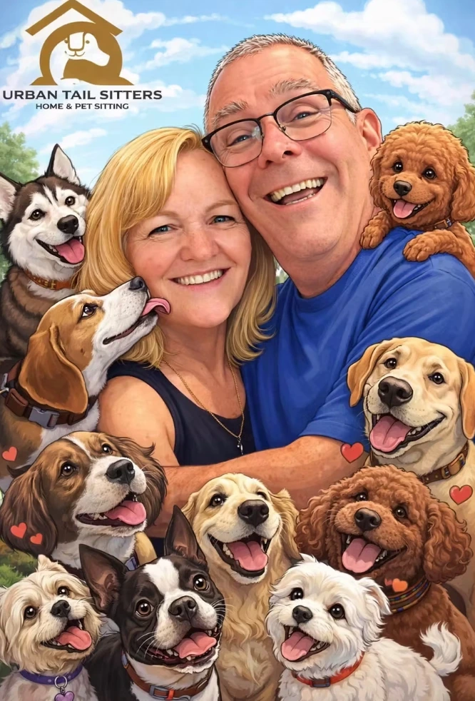 Toni and Peter with their dogs at the Urban Tail Sitters property in Quorrobolong